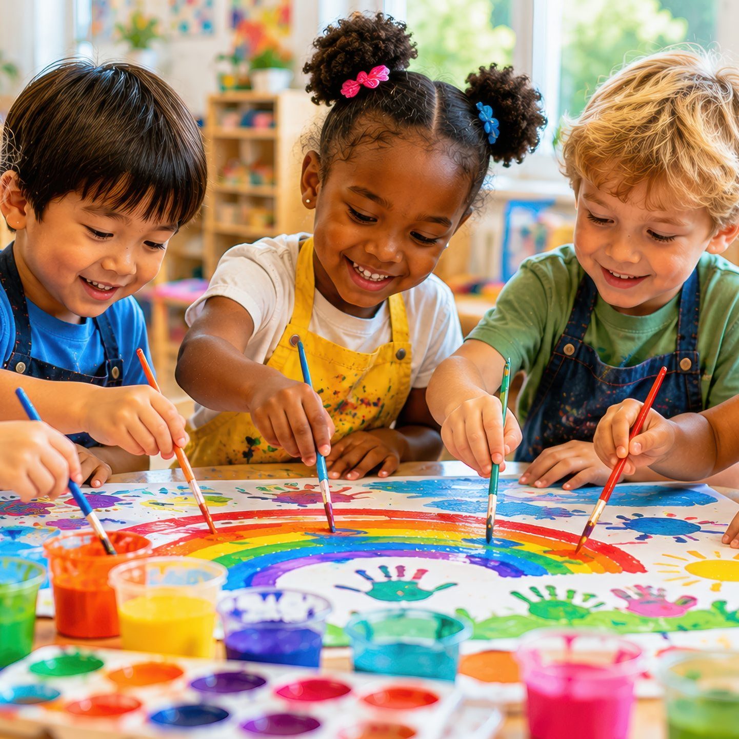 Multicultural group of children engaged in painting a rainbow with handprints on paper at a classroom table filled with art supplies and plants